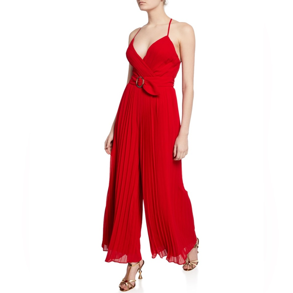 Fame and Partners O-Ring Pleated Wide-Leg Halter Red Jumpsuit M40